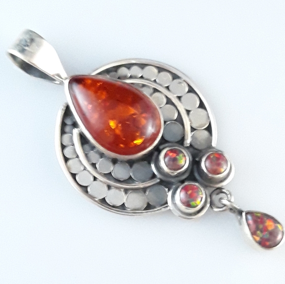Amber and Fire Opal Silver Pendant - Picture 7 of 10